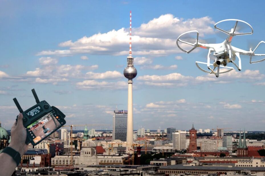 Latający dron wokół wieży telewizyjnej
