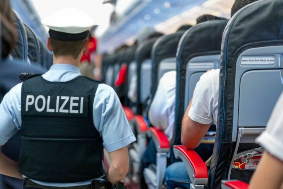 Pilne ostrzeżenie dla powracających z wakacji. Na zdjęciu niemeicki policjant na tle pasażerów siedzących w samolocie