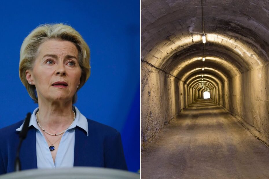 UE ogłosiła plan ochrony ludności w razie najgorszego scenariusza. Grafika przedstawia dwa zdjęcia koło siebie: na jednym Ursula von der Leyen, na drugich schron