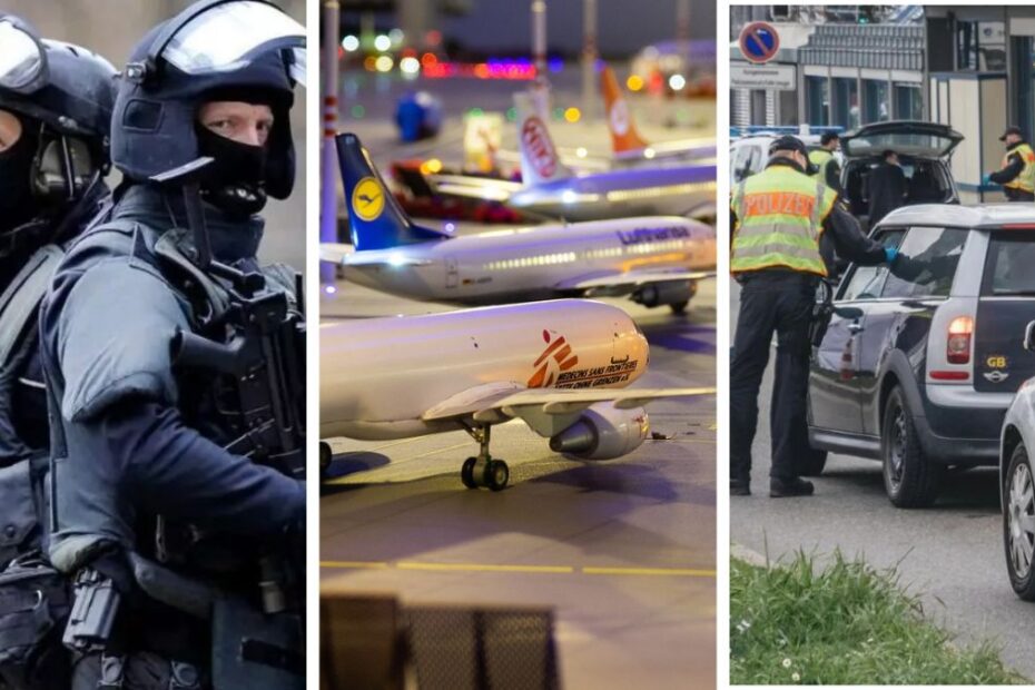 Kolejne kraje zawieszają układ z Schengen. Zestaw trzech zdjęć przedstawiające kolejno: grupę policjantów sił specjalnych, samoloty stojące na płycie lotniska, kolejkę samochodów na granicy z Niemcami czekających do kontroli