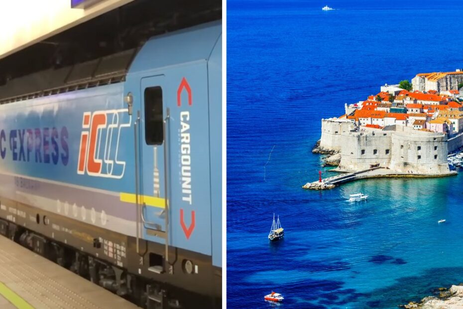Bezpośredni pociąg do Chorwacji Adriatic Express. Na zdjęciu: Napis Adriatic Express ICCC na pociągu oraz panorama pięknego nadmorskiego miasta w Chorwacji