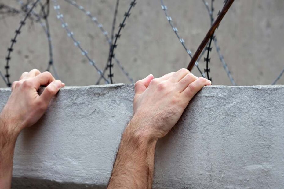 Uciekł z więzienia i opublikował to na TikToku: ręce na murze z tyłu drut kolczasty