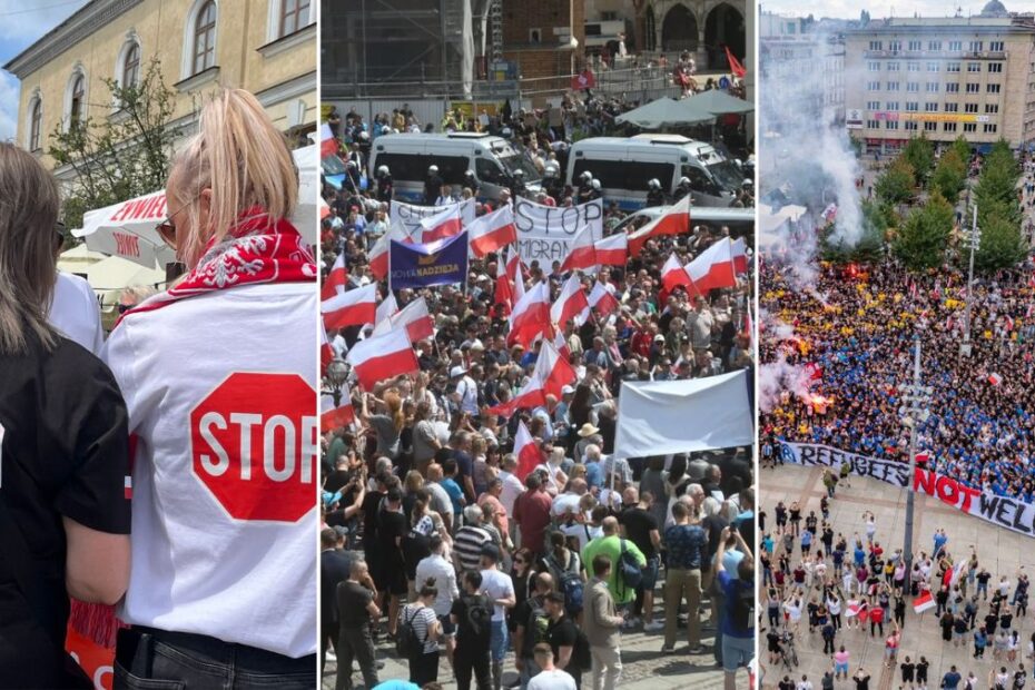 Protesty przeciw imigracji w Polsce. Na zdjęciach ludzie z polskimi flagami manifestujący na ulicach