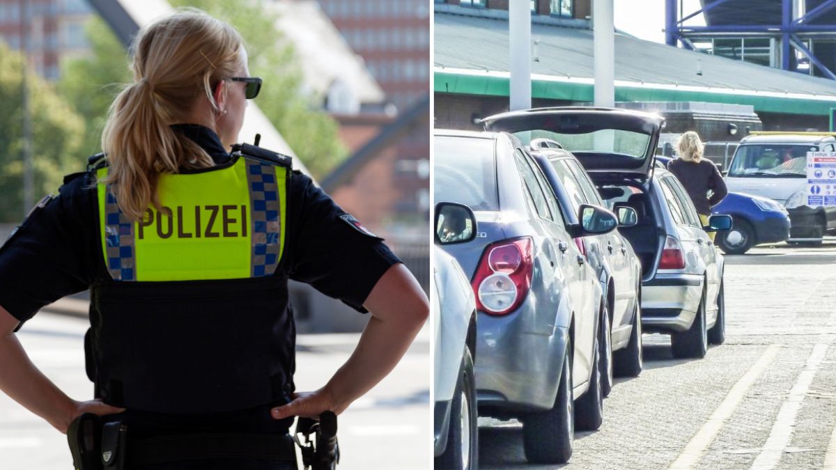 Kontrole na granicy z Niemcami w lipcu 2025 roku. Ważna informacja dla podróżujących. Na zdjęciu niemiecka policjantka oraz kolejka samochodów na granicy