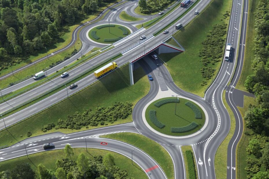 najważniejsza obwodnica w Polsce Foto: widok z lotu ptaka na estakadę i dwa ronda