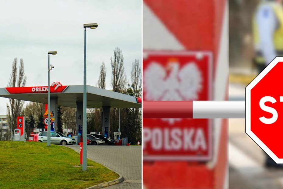 Niemcy spieszą do Polski po paliwo. Na zdjęciu stacja paliw Orlen oraz znak STOP na polskiej granicy