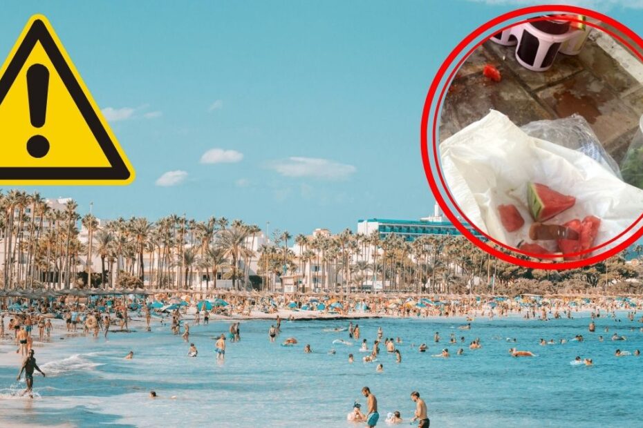 Koktajle na Majorce zagrażają zdrowiu. zdjęcie plaża arbuzy na ziemi ostrzeżenie