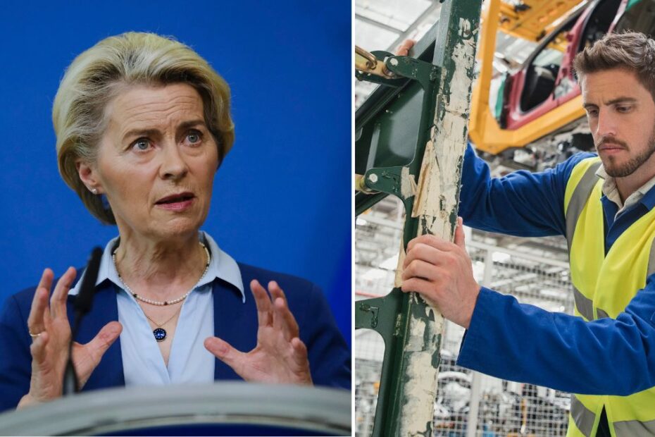 Giganci rynku buntują się przeciw przepisom UE . Obrazek przedstawia na zdjęcia obok siebie: Ursula von der Leyen oraz pracownik fabryk