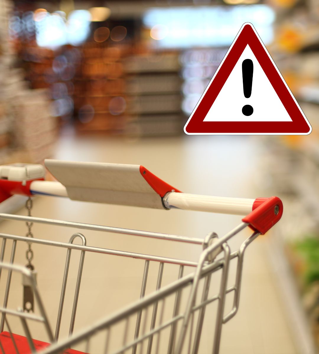 Wycofanie produktu z supermarketów. Na zdjęciu wózek sklepowy i znak ostrzeżenia.