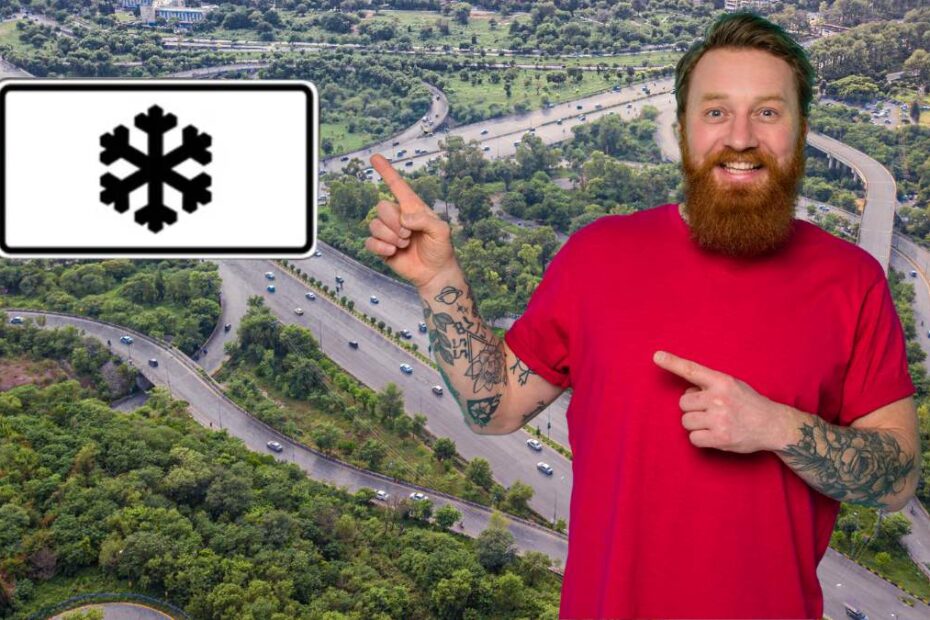 znak drogowy z płatkiem śniegu