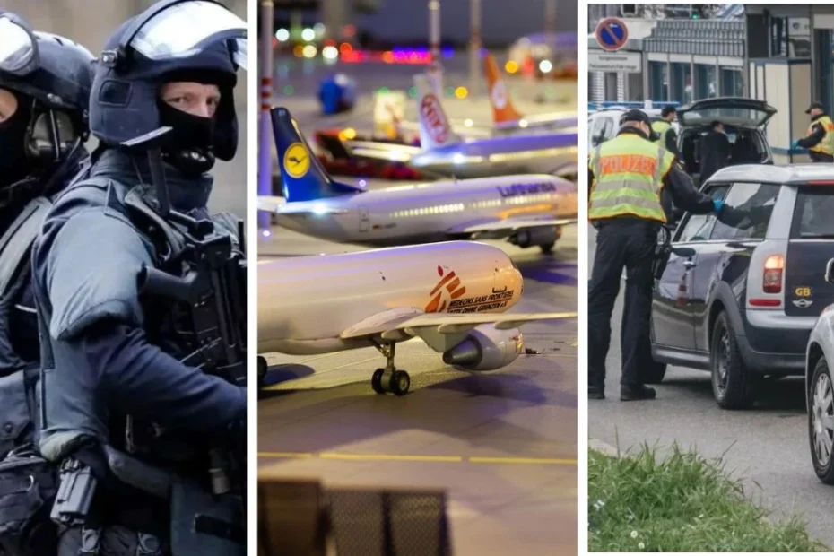Nadzwyczajne środki na granicach w wielu krajach Schengen Zestaw trzech zdjęć przedstawiające kolejno: grupę policjantów sił specjalnych, samoloty stojące na płycie lotniska, kolejkę samochodów na granicy z Niemcami czekających do kontroli