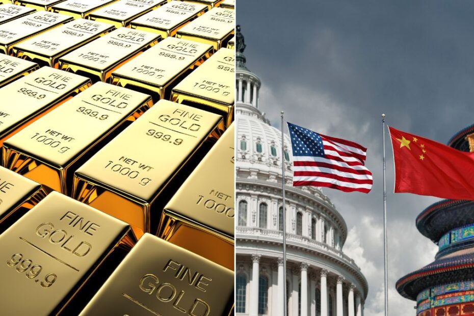 Cena złota pobiła kolejny rekord - konflikt USA- Chiny napędza wzrost. Na zdjęciu sztabki złota ora flaga USA i Chin