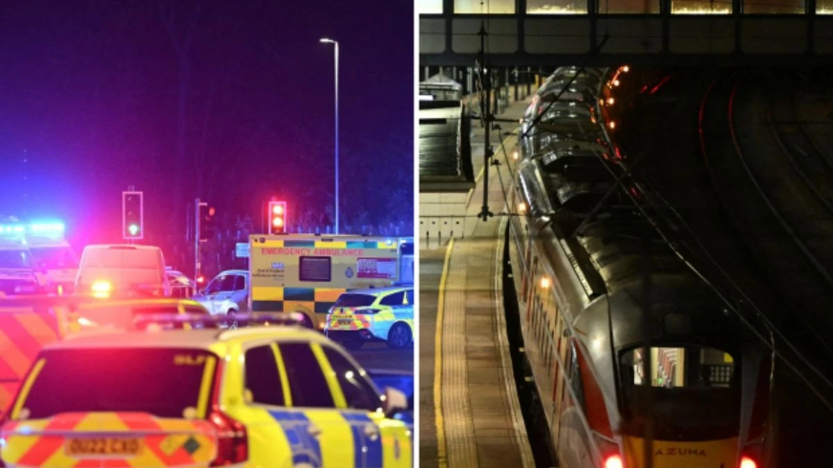 Brutalny atak nożownika w pociągu w Wielkiej Brytanii: . zdjęcie Policja i służby ratunkowe na stacji Huntingdon po ataku w pociągu