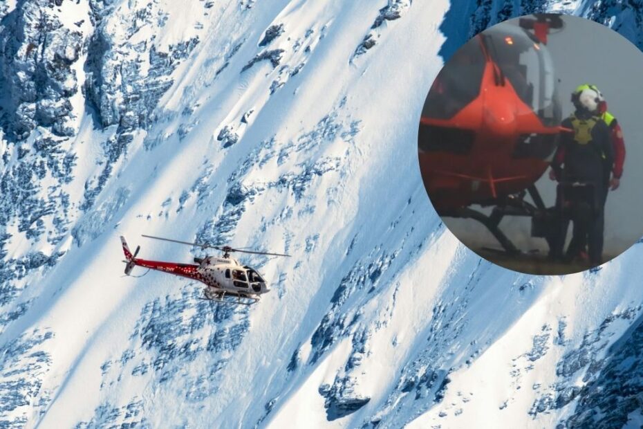 Katastrofalna lawina w Alpach. zdjęcie alphy helikopter ratunkowy