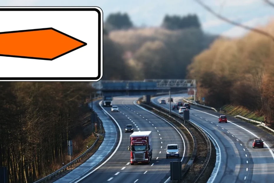 Znak z pomarańczową strzałką na autostradzie
