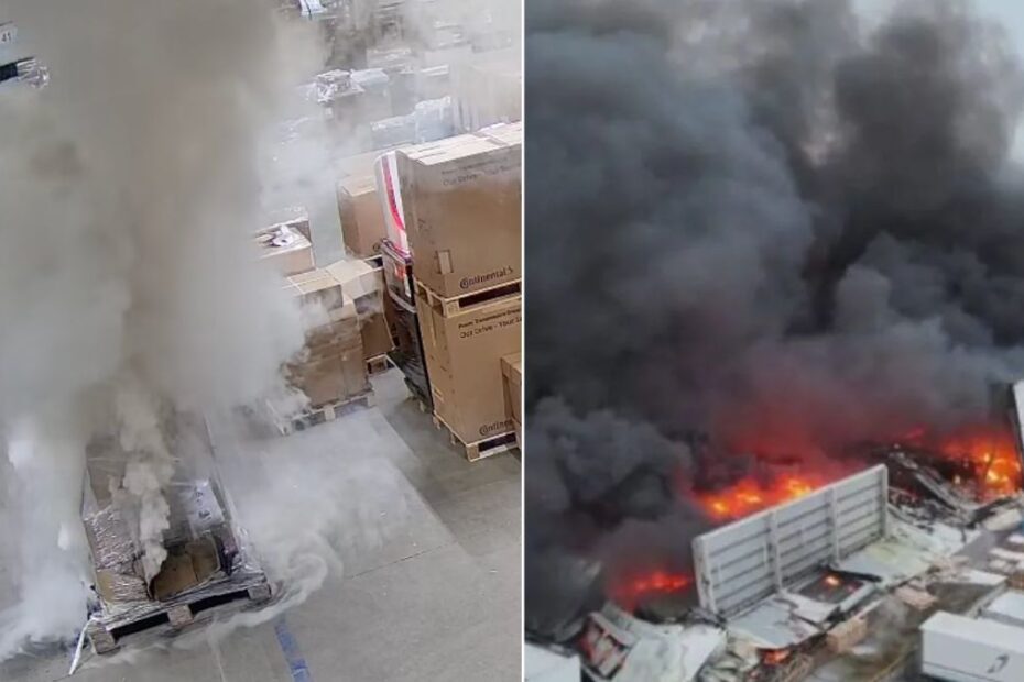 Przesyłka nagle stanęła w ogniu. Jest nagranie z początku gigantycznego pożaru pod Poznaniem