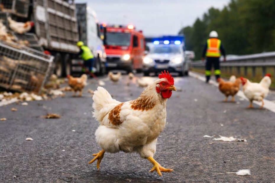 Wypadek z transportem kurczaków sparaliżował autostradę