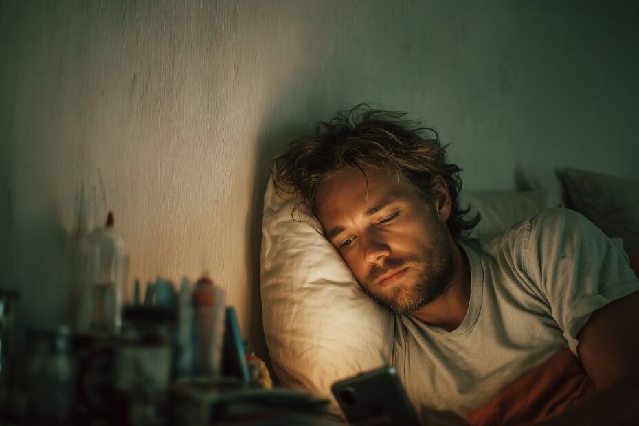 Brak snu zwiększa ryzyko Alzheimera Foto: mężczyzna z telefonem w łóżku