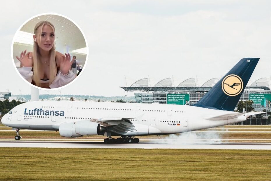 Lufthansa odmówiła wejścia na pokład niemieckiej influencerce Foto: samolot Lufthansy i zdjęcie influencerki w kołku