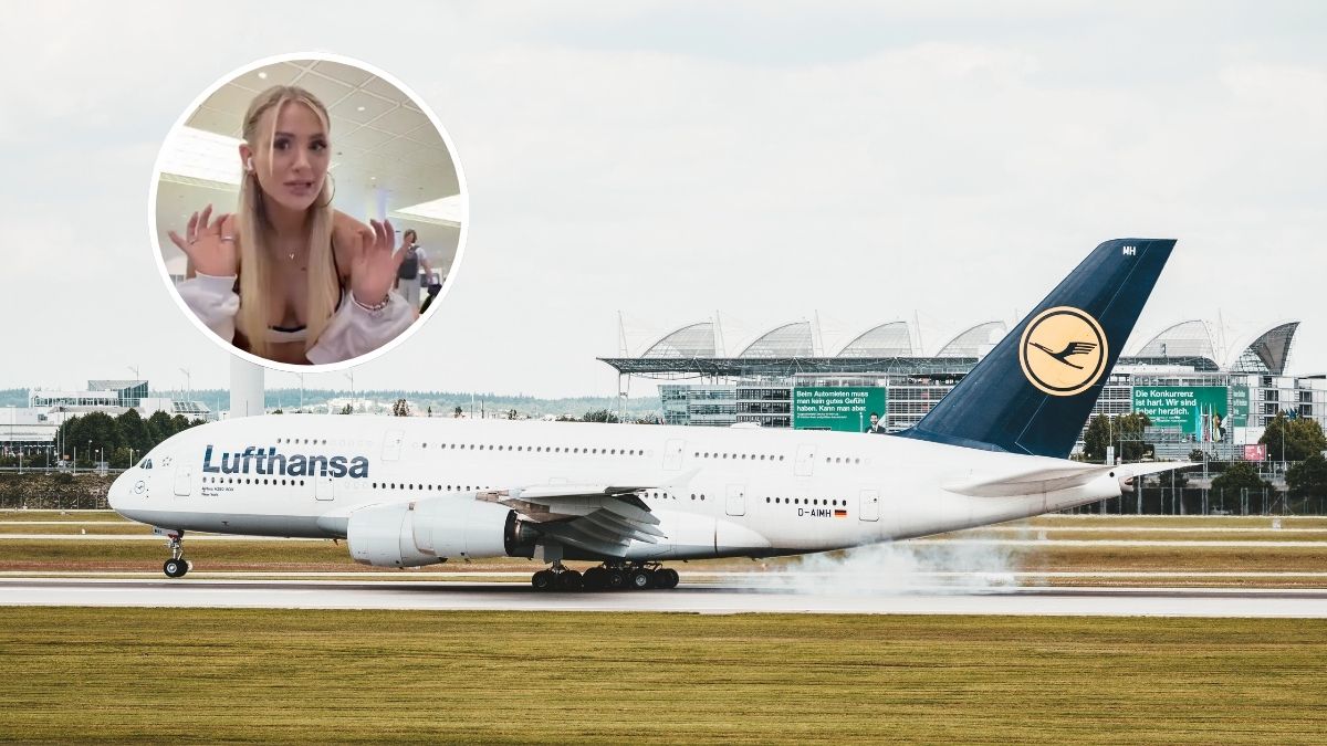 Lufthansa odmówiła wejścia na pokład niemieckiej influencerce Foto: samolot Lufthansy i zdjęcie influencerki w kołku