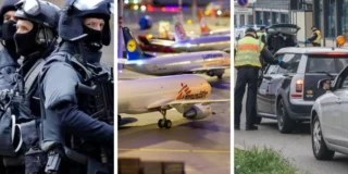 Obowiązek elektronicznej rejestracji podróży w krajach Schengen -Zestaw trzech zdjęć przedstawiające kolejno: grupę policjantów sił specjalnych, samoloty stojące na płycie lotniska, kolejkę samochodów na granicy z Niemcami czekających do kontroli